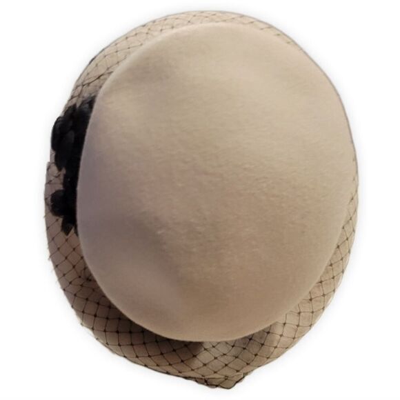 Vincent Wu Vintage Ivory Wool Derby Hat with Black Floral & Mesh Trim main image 8